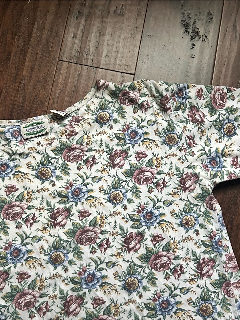 Vintage Floral Short Sleeve Tee in Cream, Blue, Green, Brown